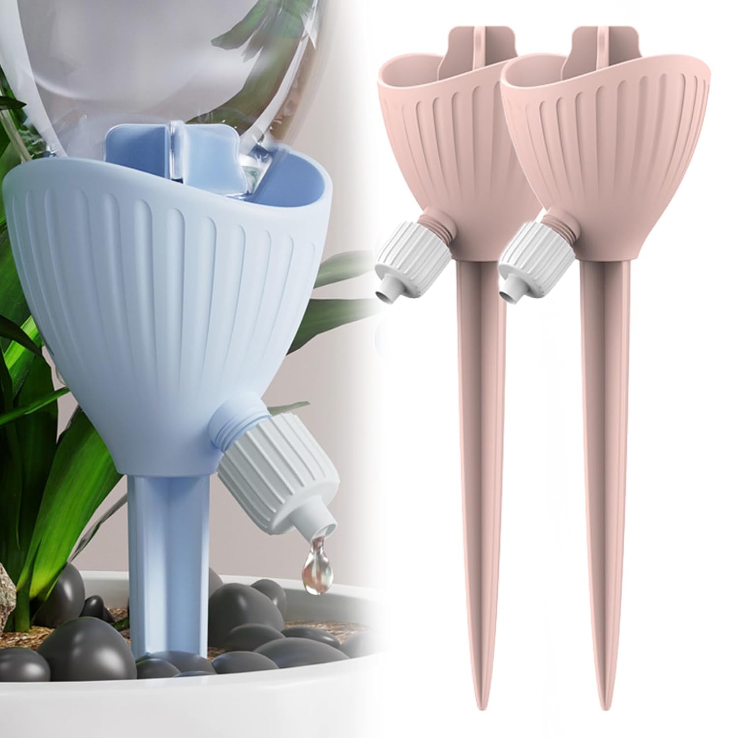 DEVHEART Auto. Plant Drip Irrigation Watering Devices, Self-Watering Spikes with Universal Bottle Connection with Adjustable Slow Release Valve, Planter Insert Dripping Water for Indoor Plants-2PCS