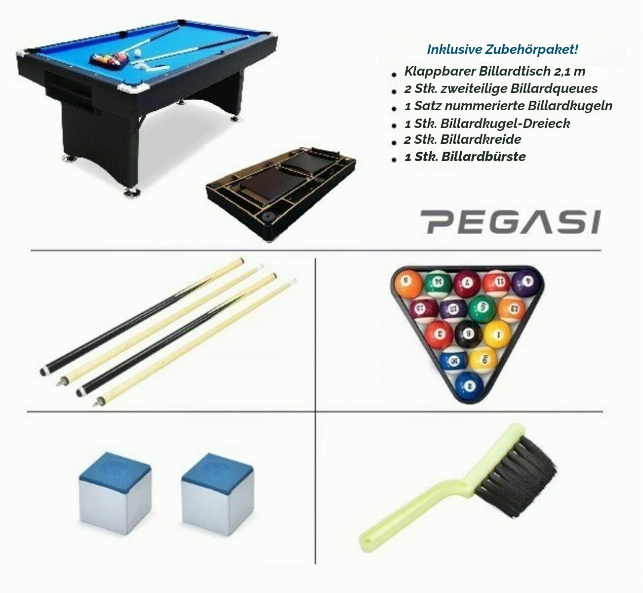 Pegasi Billardtisch 7ft Campione - Billardtisch 7ft - Tischbillard - Zusammenklappbar - Pool Table für Erwachsene - Indoor - Premium Qualität - Schwarz