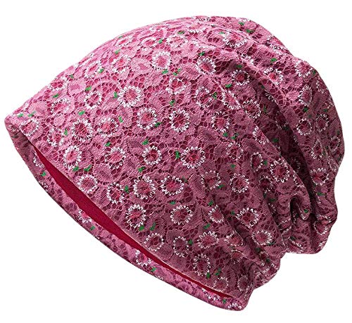 Slouchy Lightweight Lace Beanie Hat Sleep Cap Headwear Hiar Cover for Women Rose