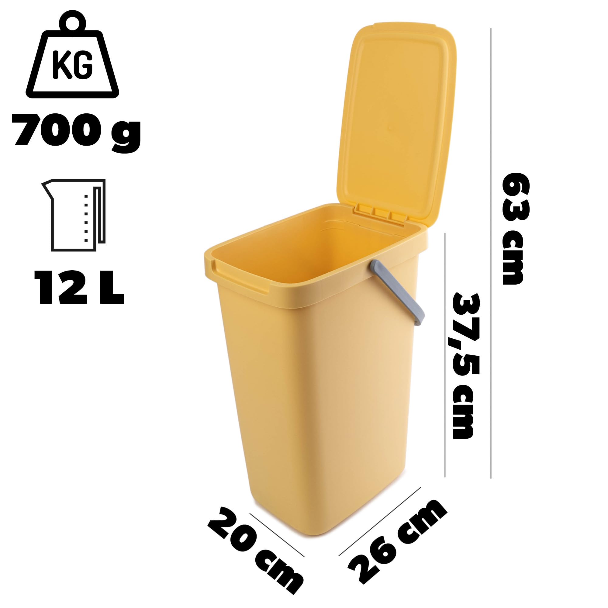 KADAX Afvalemmer met deksel en handvat, plastic afvalemmer voor afvalscheiding, rechthoekige afvalemmer met klapdeksel (geel, 12 l