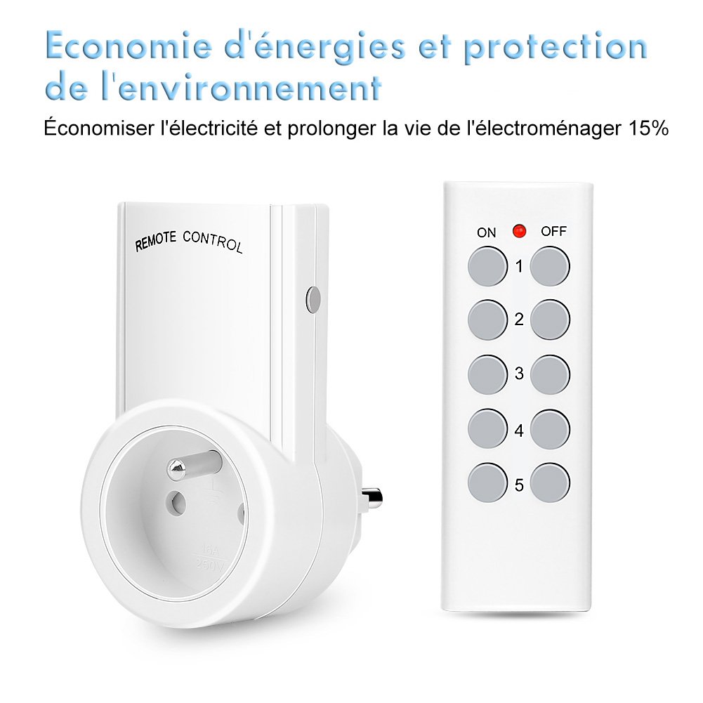 KYG Set mit 5 programmierbaren Fernbedienungen, Steckdose Domotisch, Kabellos, Funktion All One, 2 Fernbedienungen, 2 Batterien, weiß