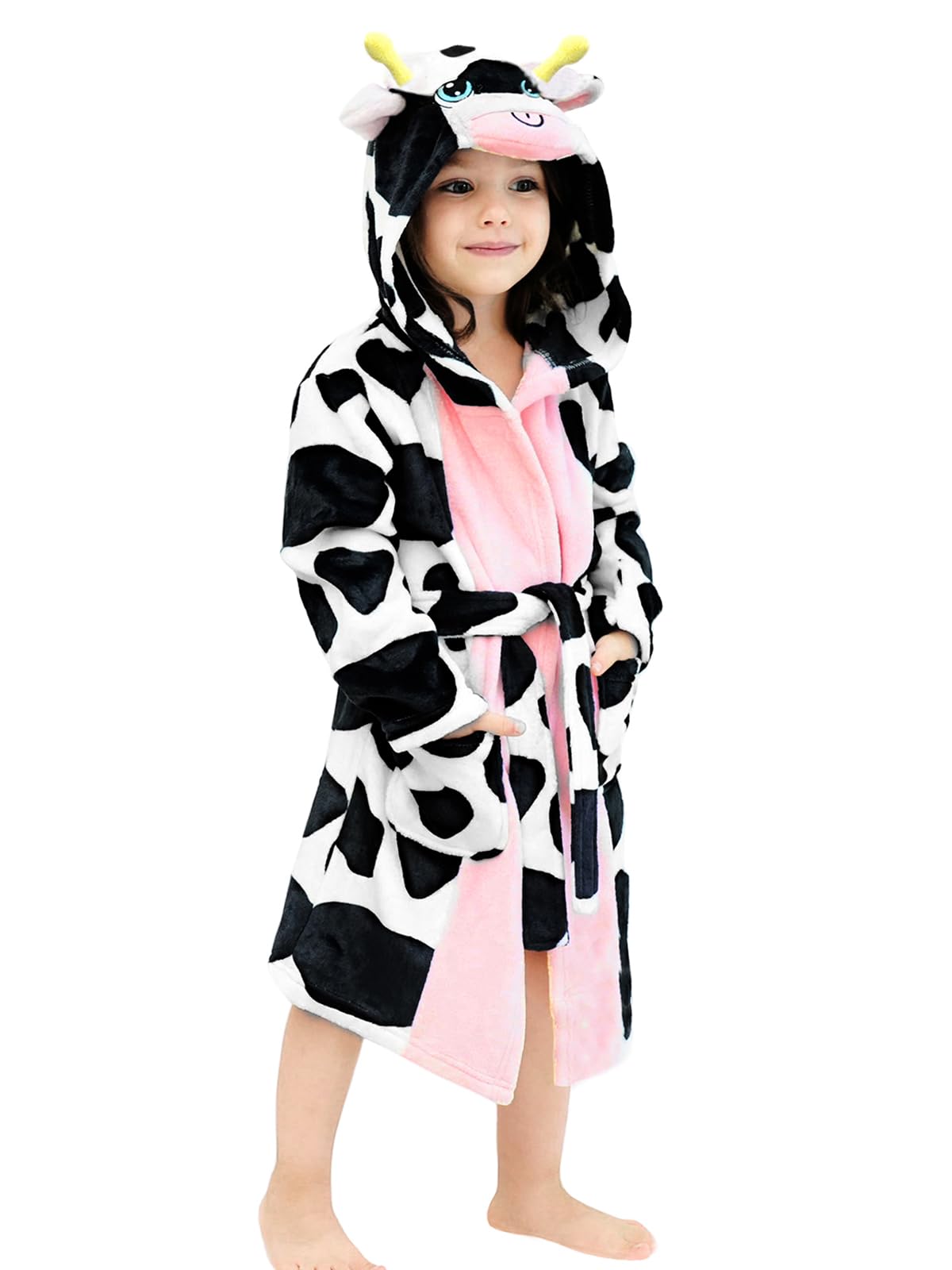LOLANTA Kids Robe Hooded Fleece Bathrobe Girls Sleepwear Cow Animal Bathrobe Toddler Housecoat Birthday Gifts (Cow 2-3T)