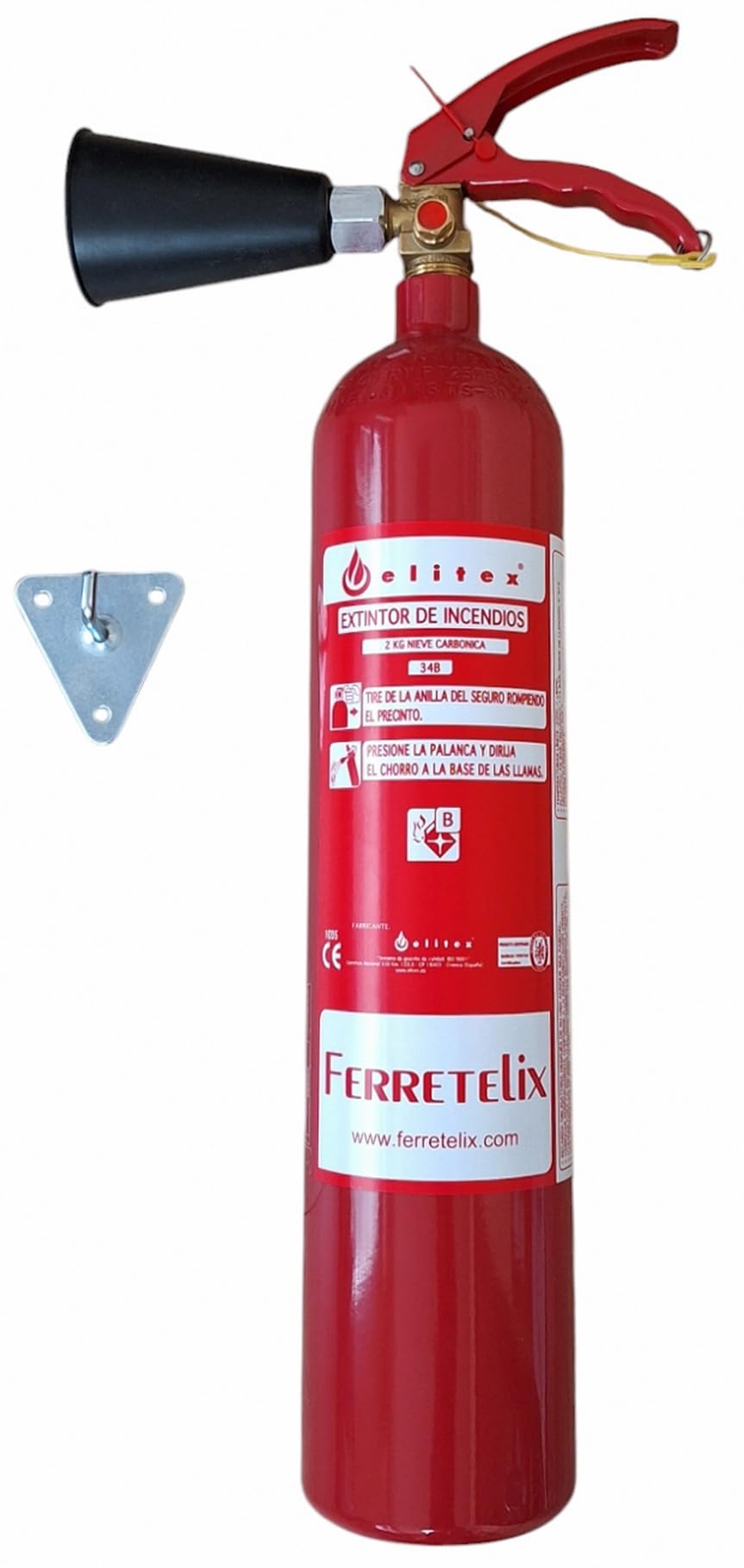 Ferretelix®. Extintor CO2 2 kgs dioxido de Carbono Incluye Soporte metálico de Pared y difusor (no Deja residuos)