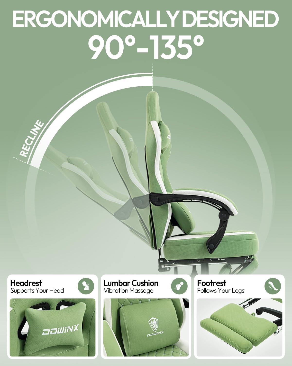 Dowinx Gaming Chair Breathable Fabric Game Chair with Gel Pad and Storage Bag, Comfortable Gamer Chair with Pocket Spring Cushion,Ergonomic Computer Chair with Footrest,: Green