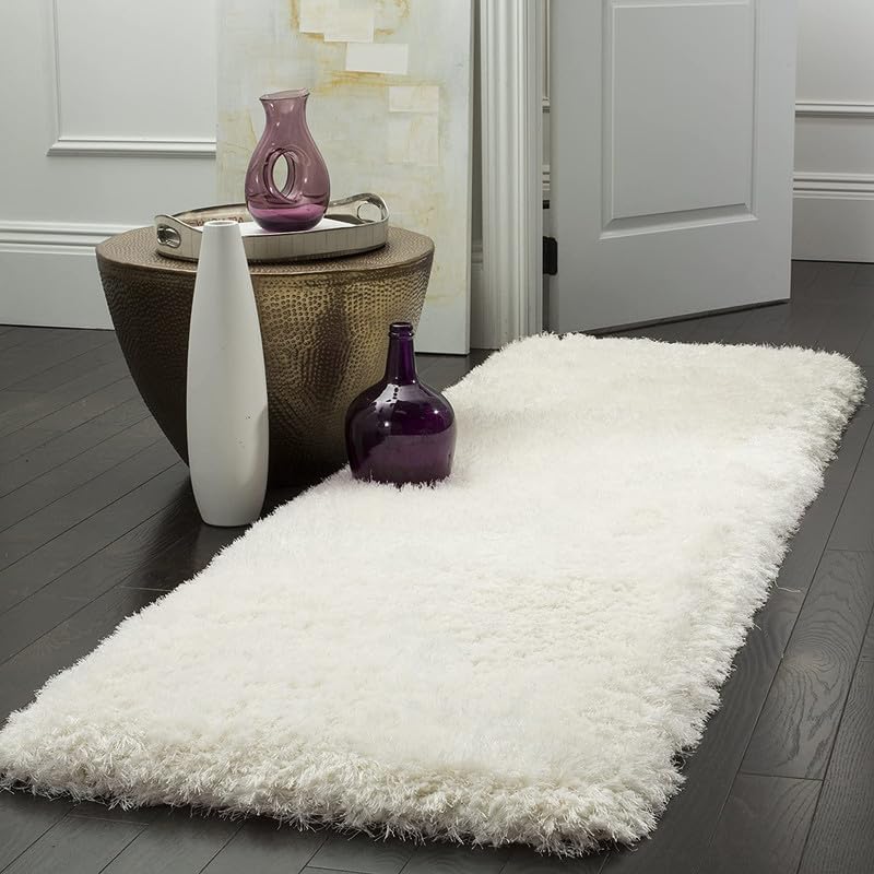 Image of Luxury Shaggy Carpet Solid Plain Fluffy Fur Rectangular Rugs For Bedroom Living Room 2X5 Feet Microfiber & Polyster Modern Interior Floor Mat White