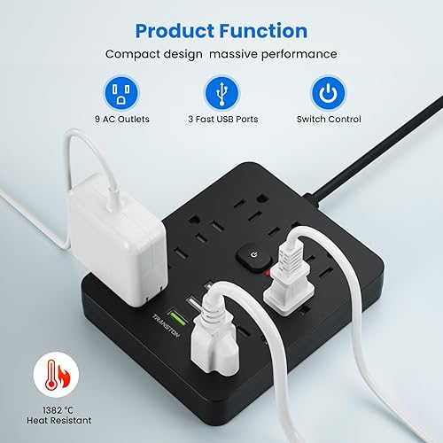 Miniatura 3 de Regleta protectora contra sobretensiones con 9 tomacorrientes, 3 puertos USB, estación de carga de escritorio ignífuga con enchufe plano para