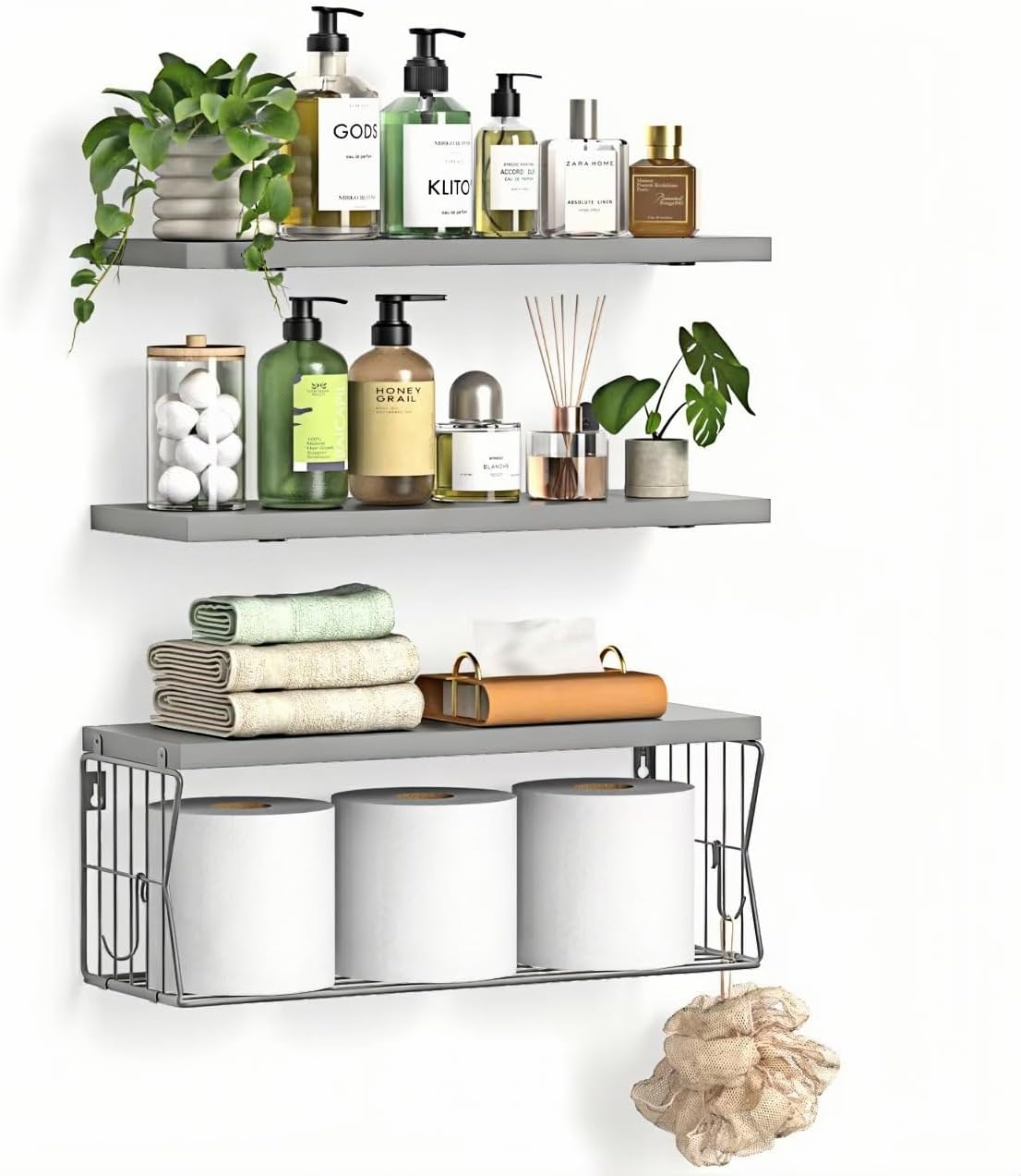 Floating Bathroom Shelves Wall Mounted - Wooden Shelf Set of 3 for Over Toilet Storage & Farmhouse Bathroom Decor - Perfect Shelving Organizer for Apartments RVs Powder Room Restroom - Wood