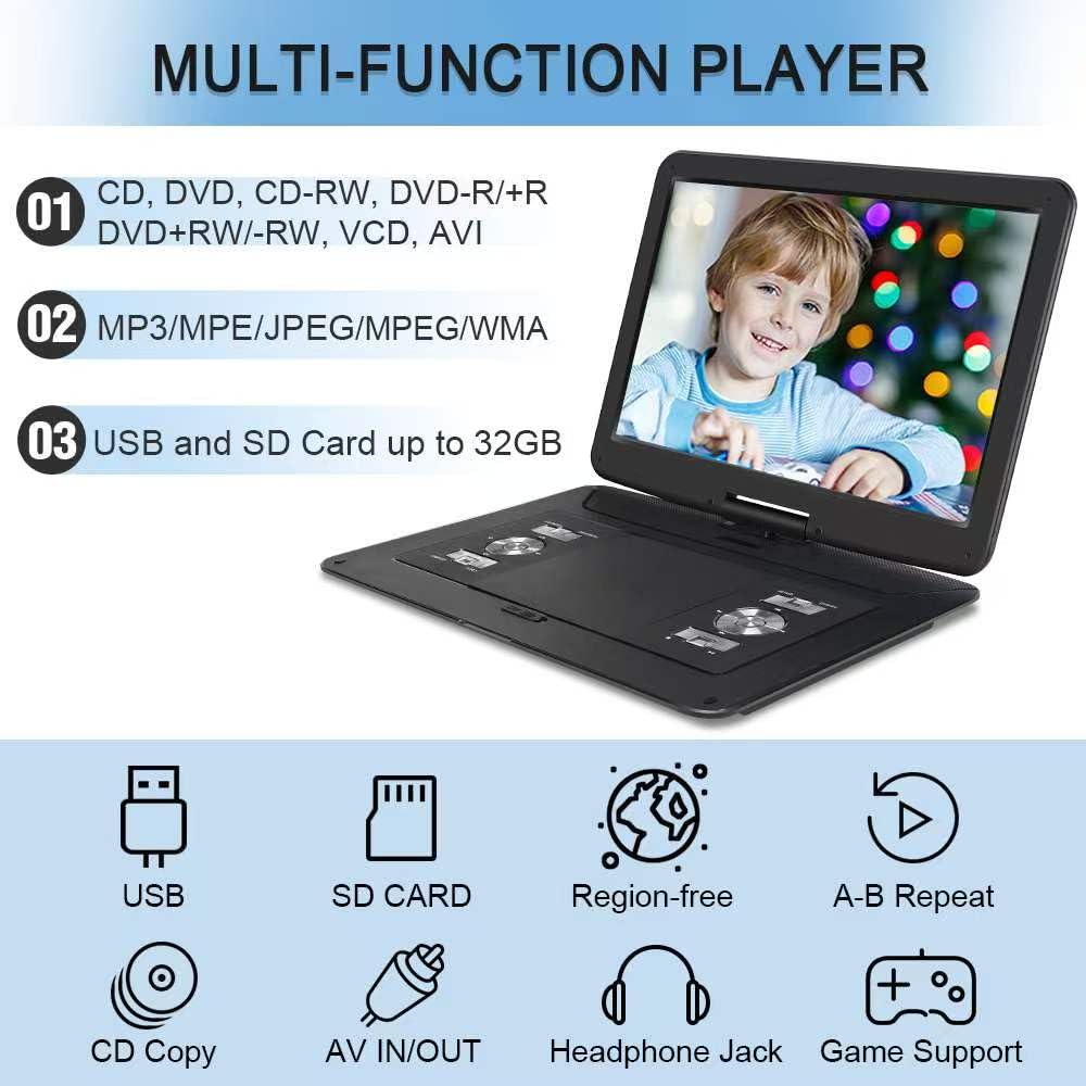 Lettore DVD portatile da 18 pollici con grande schermo girevole HD da 15,6 pollici, batteria ricaricabile 6 ore, lettore DVD portatile supporto USB/SD Card/Sync TV, diversi formati di dischi, nero