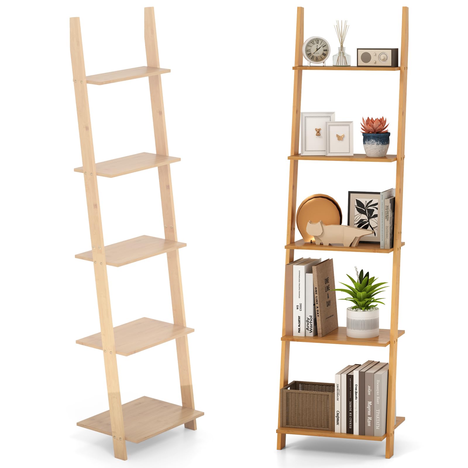 HOMASIS Leiterregal mit 5 Ebenen, Bücherregal aus Bambus, schmales Aufbewahrungsregal Standregal für Wohnzimmer, Schlafzimmer, Arbeitszimmer, 43 x 38,5 x 164 cm, Natur