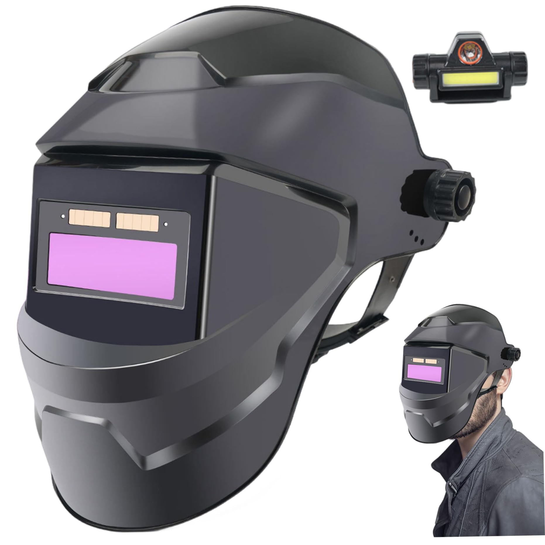 Casco de Soldadura con oscurecimiento automático, máscara de Soldadura LCD con energía Solar y Linterna Frontal, Capucha de Transpirable, Ajustable y Resistente al Calor con diseño Gira