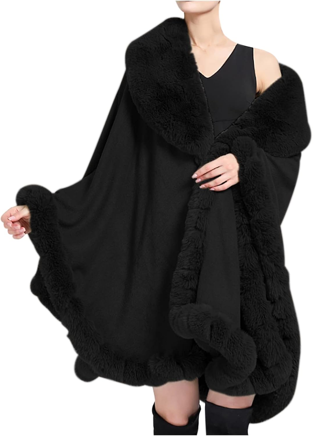 Pelz Poncho Mantel Schwarz Cape Jacke Strickjacke Mit Fake Fur