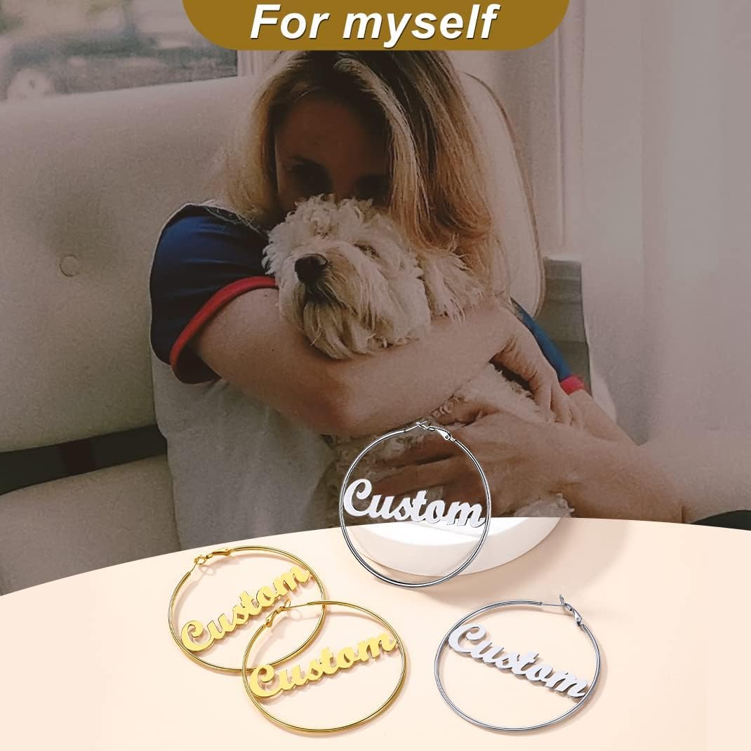 GoldChic Jewelry Name Earrings Personalized For Women, Gold Custom Name Plate Hoop Earrings, Dangle Earrings Studs with Names for Mother Wife