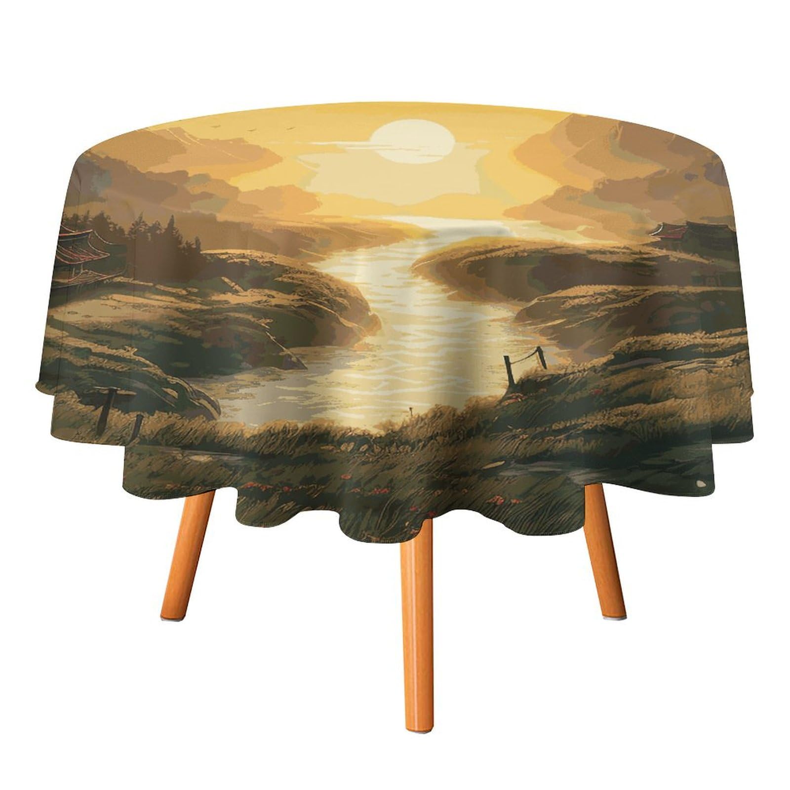Nappe ronde facile à nettoyer et anti-tache motif soleil levant pour dîner de fête