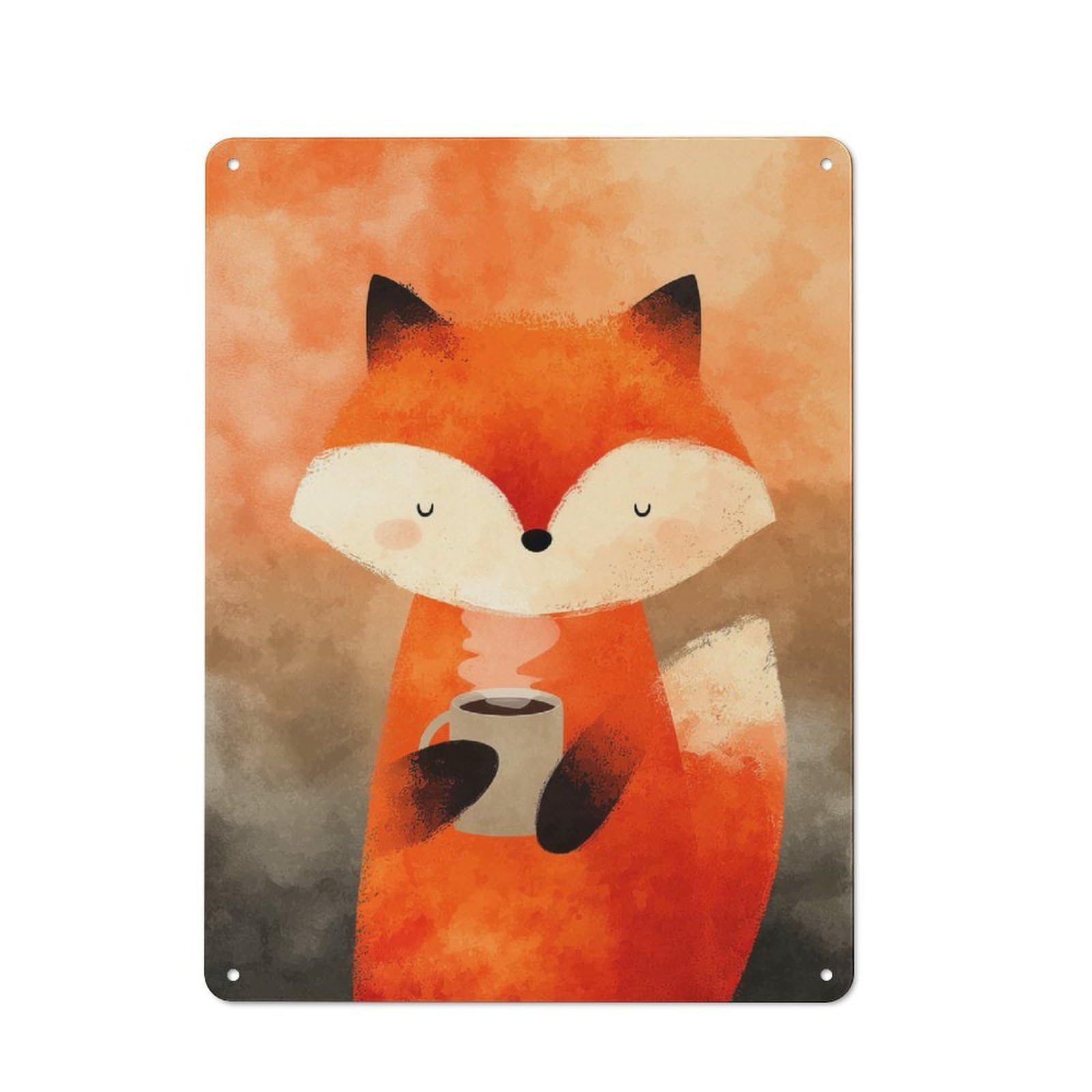 Junmoney Fox With Coffee Simple Retro Tin Sign 40X30cm Featuring Studio Wall Plaque For Office, Study, Studio Or Hallway