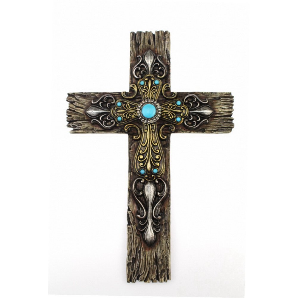 Comfy Hour 12" Wood Wall Hung Blue Diamond Classic Cross, Stone Resin Sculpture, Multi Color