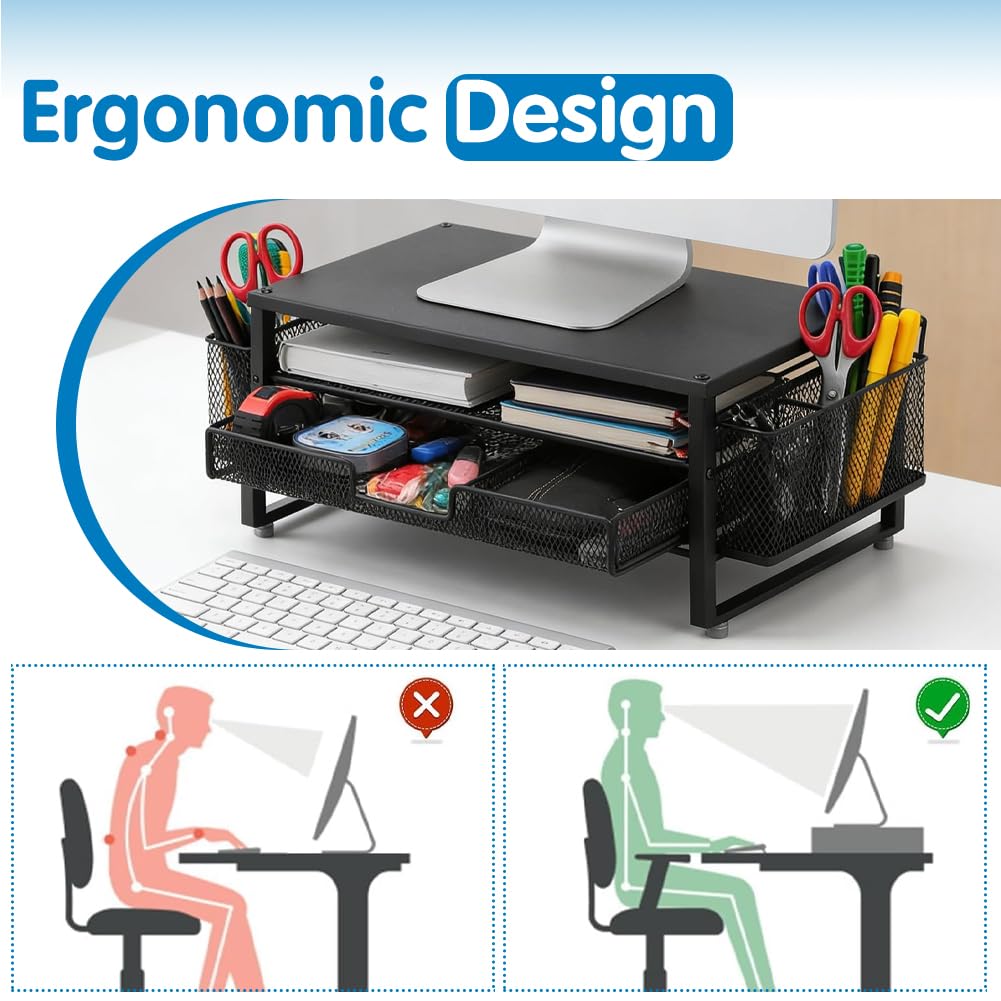 Supporto per monitor con cassetto, monitor per computer a 2 livelli con cassetto e 2 portapenne, organizer da scrivania e accessori, supporto ergonomico per accessori da ufficio (nero)