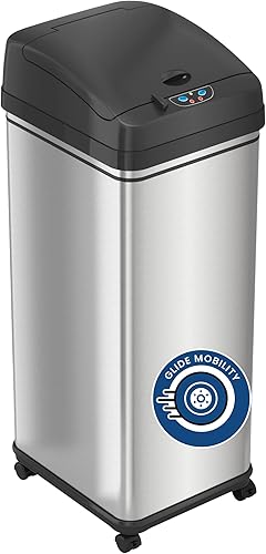 iTouchless Glide - Bote de basura con sensor a prueba de mascotas de 13 galones con ruedas y sistema de control de olores, acero inoxidable
