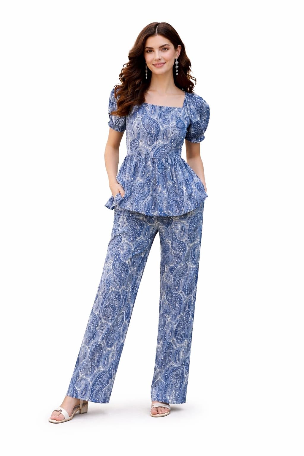Women's Paisley Print Co-Ord Set, Peplum Top with Puff Sleeves and Straight-Fit Pants.-image-19