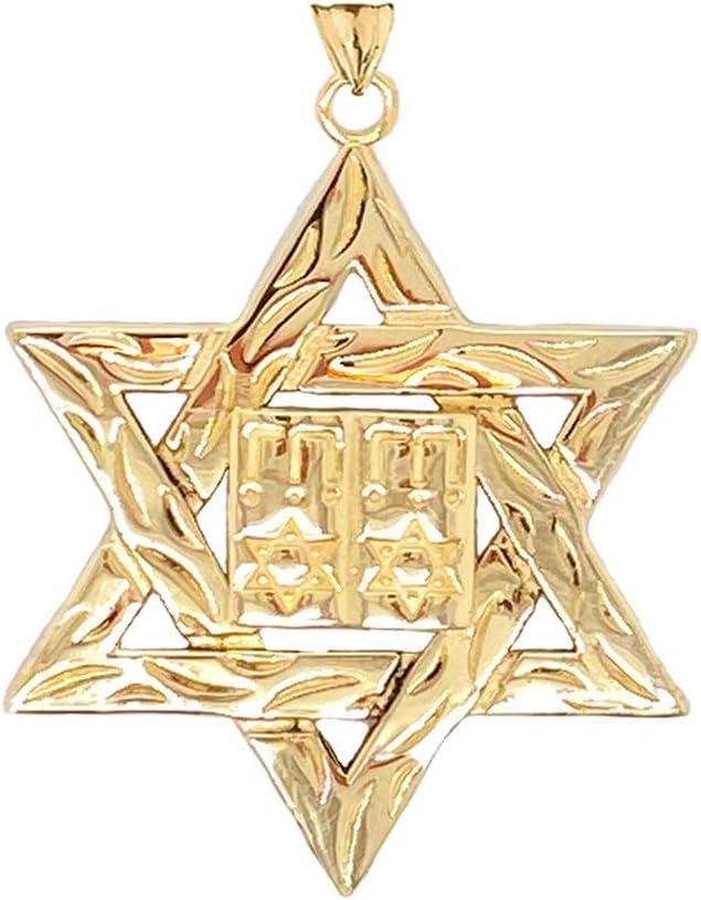 Certified 14k Gold Star of David (Hebrew) Ten Commandment Book Pendant Necklace (Small)
