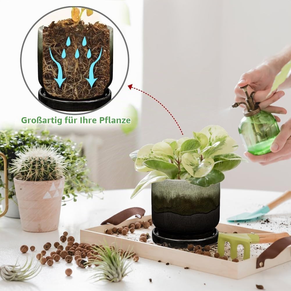 Oairse Keramiktopf für Pflanzen, 13 cm, Keramik-Pflanzgefäß, dekorativer kleiner Topf mit Ablaufloch und Untersetzern, Farbverlauf, schwarz, für den Außenbereich, Inoor-Blumentopf für Sukkulenten