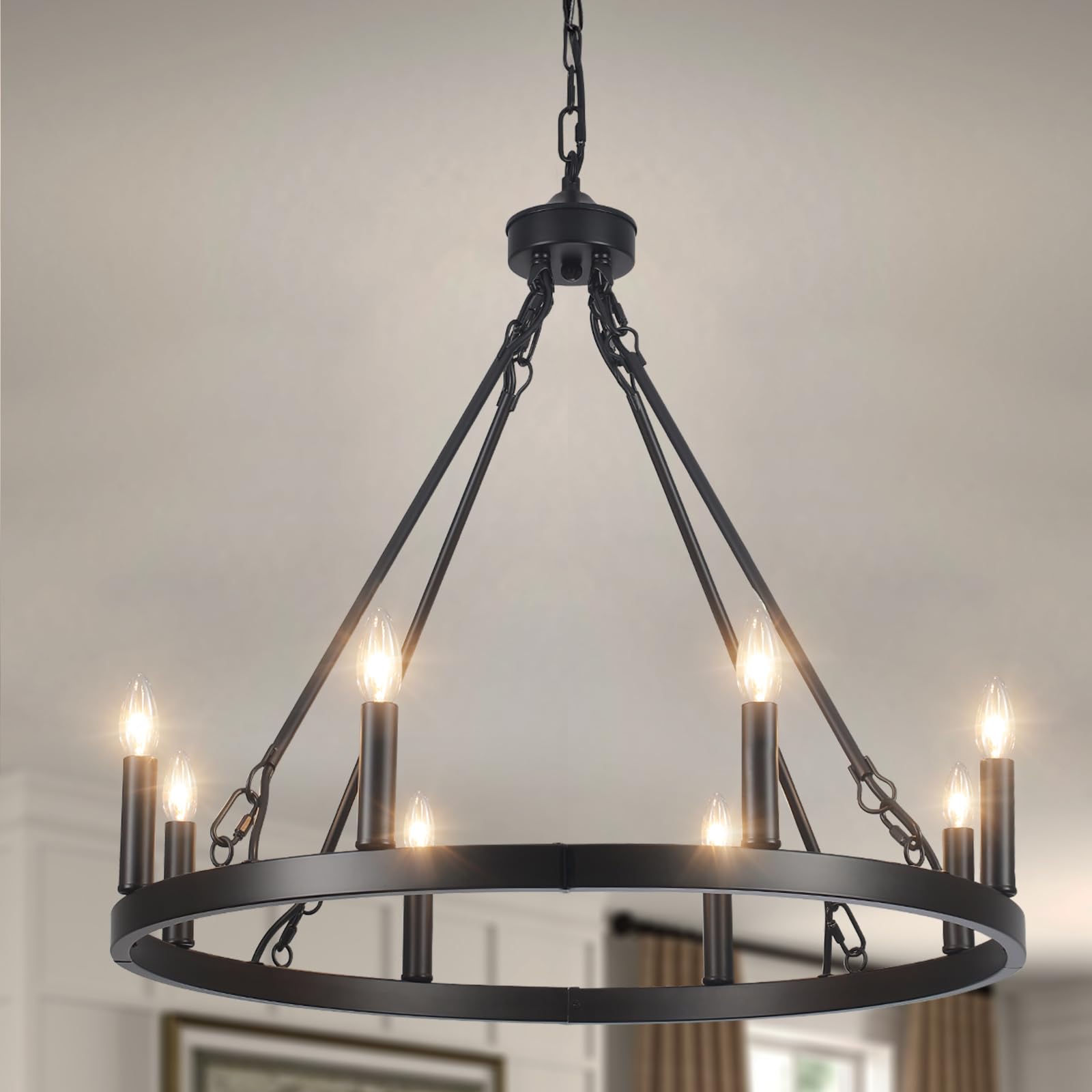 LASENCHOO Wagon Wheel Chandelier 8 Lights Dia 23.6" Round Modern Farmhouse Chandeliers for Dining Room Light Fixtures Ceiling Hanging, Black Chandeliers for Living Room Bedroom Kitchen Staircase