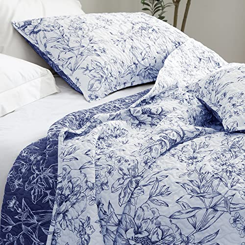 Edredón de Poliéster Floral SHALALA NEW YORK Cama Full Queen Blanco Azul 5