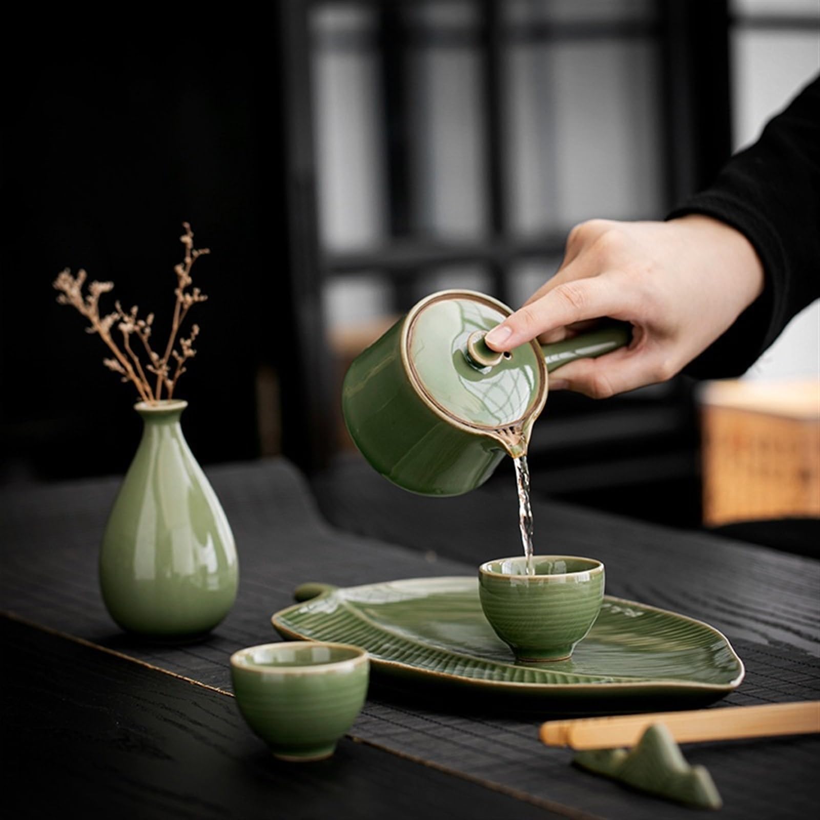 Bandeja Para El Té De La Tarde Bandeja de té Vintage Celadon, bandeja creativa de cerámica for tazas de té, plato de postre de pastelería de Sushi, juego de té de Kung Fu, bandeja de cerveza seca Jueg