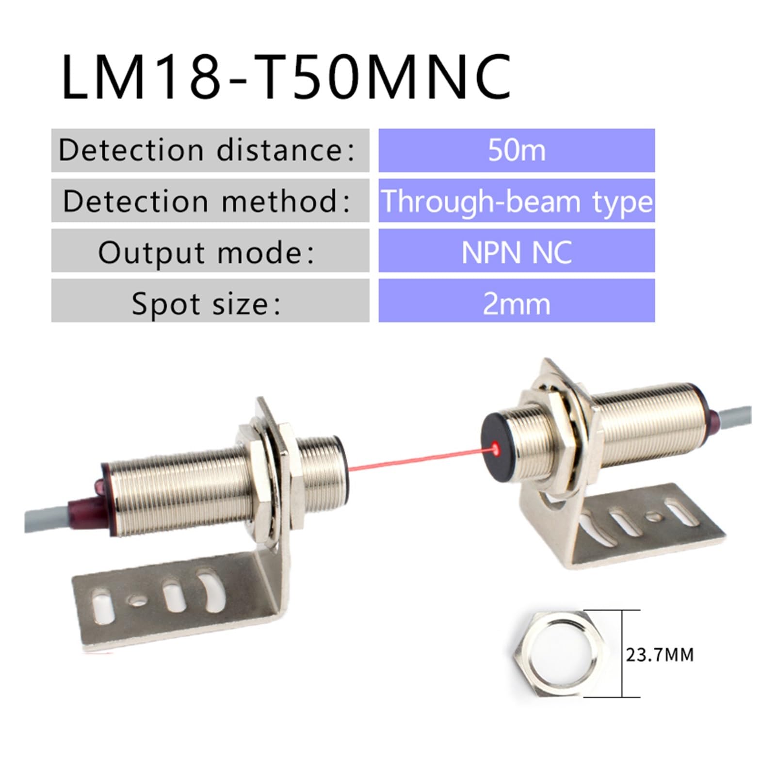 Sensor fotoeléctrico de infrarrojos Sensor de interruptor fotoeléctrico de haz cilíndrico M18, punto de inducción de luz visible infrarroja de 2mm(LM18-T50MNC)