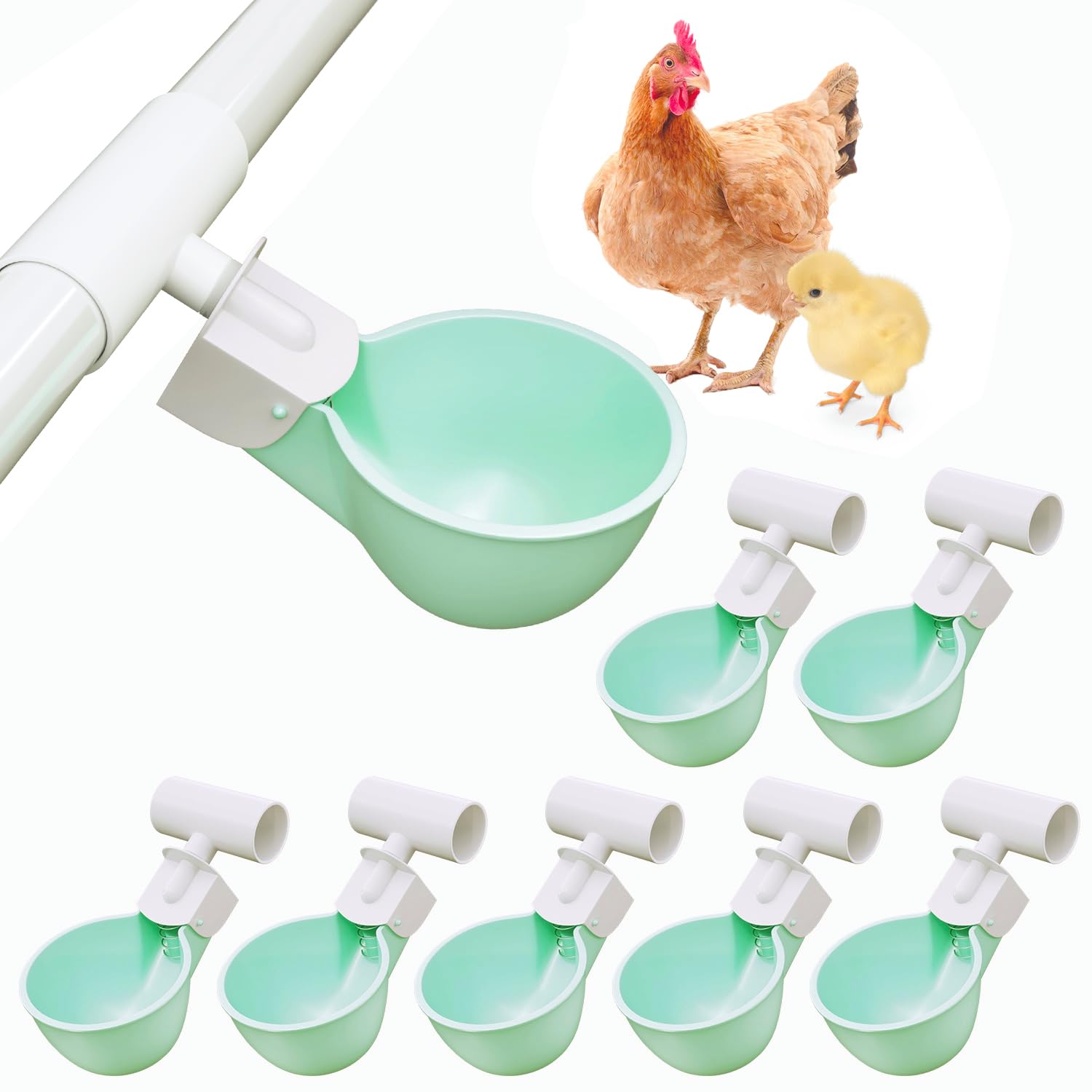 8PC Chicken Water Cups with PVC Tee Fittings for 1/2" Pipe, Automatic Chicken Watering System, Anti-Leak, Holds 50% More Water, Suitable for Chicks, Duck, Quail, Birds, Turkey
