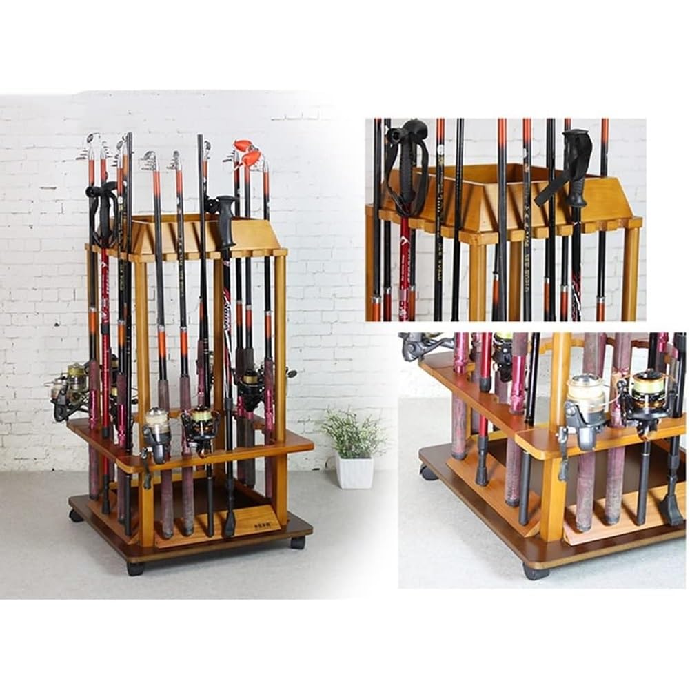 Portaoggetti per canna da pesca con ruote, in legno, per pesca a rotelle, supporto portatile per canna da pesca per garage, barca, cantina