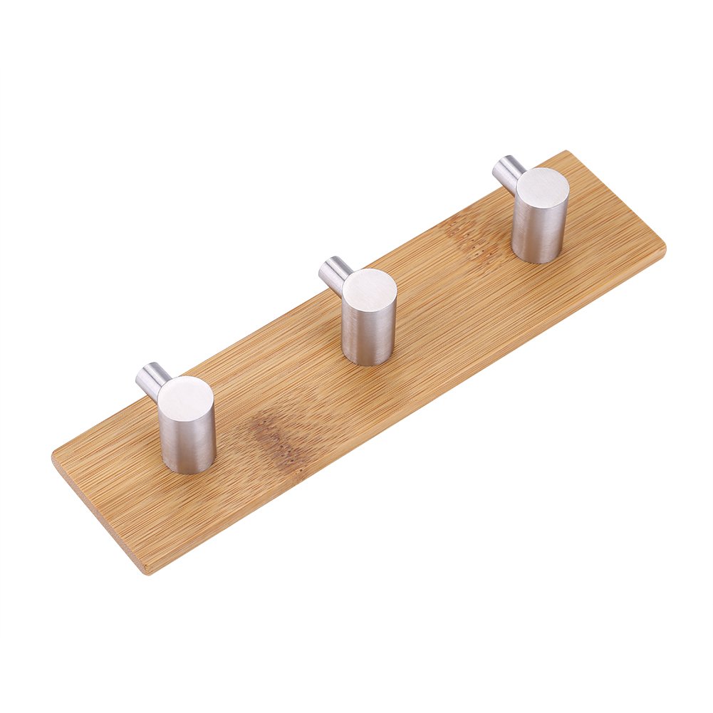 Towel Hook, 3-Hook Natural Bamboo Stainless Steel Wall Hanger Hook Bag Key Towel Hanger Kitchen Hook for Hanging Coats, Hats, Bags, Keys