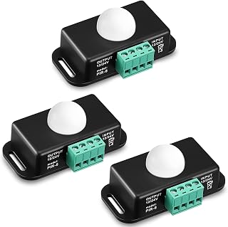 Weewooday 3-Pack 12V-24V PIR Motion Sensor Switches for LED Strips - Adjustable Infrared Detector, 120° Detection, Black
