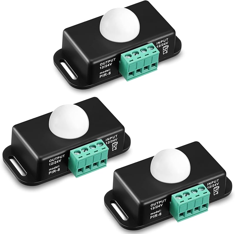 Paquete de 3 interruptores de Sensor de movimiento de 12v y 24v, función de temporizador con Sensor Pir | Detector infrarrojo de cuerpo Pir con campo de visión de 120°, distancia de detección de 5-8m, para iluminación de tira LED flexible, encendido y apagado automático