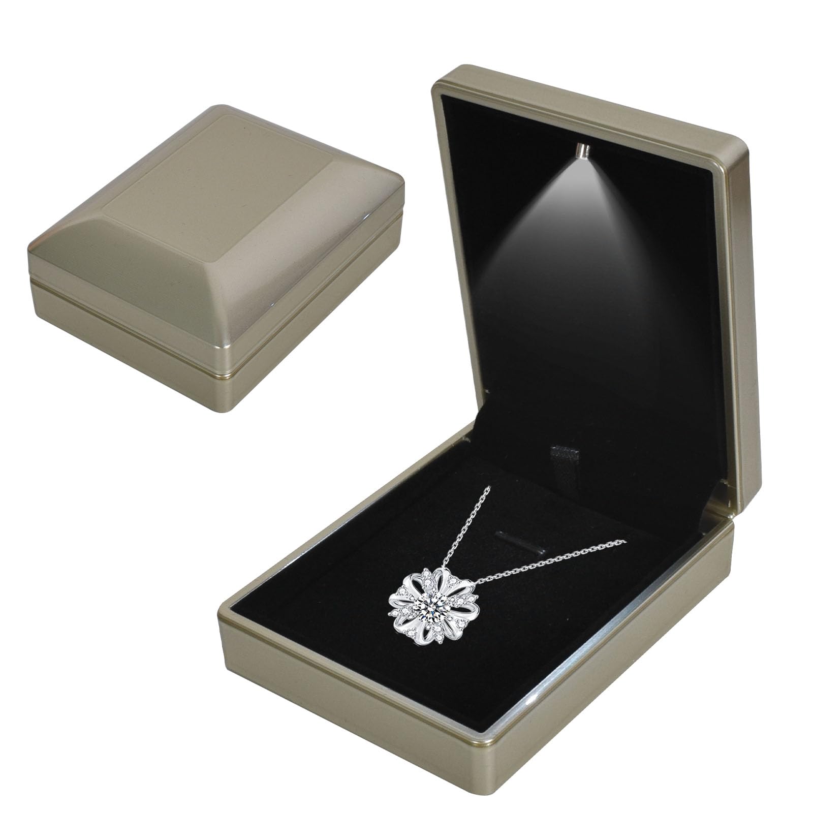 Jewelry Box, LED Lighted Pendant Box, Necklace Bracelet Rings Pendant Storage Gift Case, Light Up Pendant Case, for Wedding Proposal, Engagement Valentine's Day Favors Charms, 7*9*3.3cm, Gold