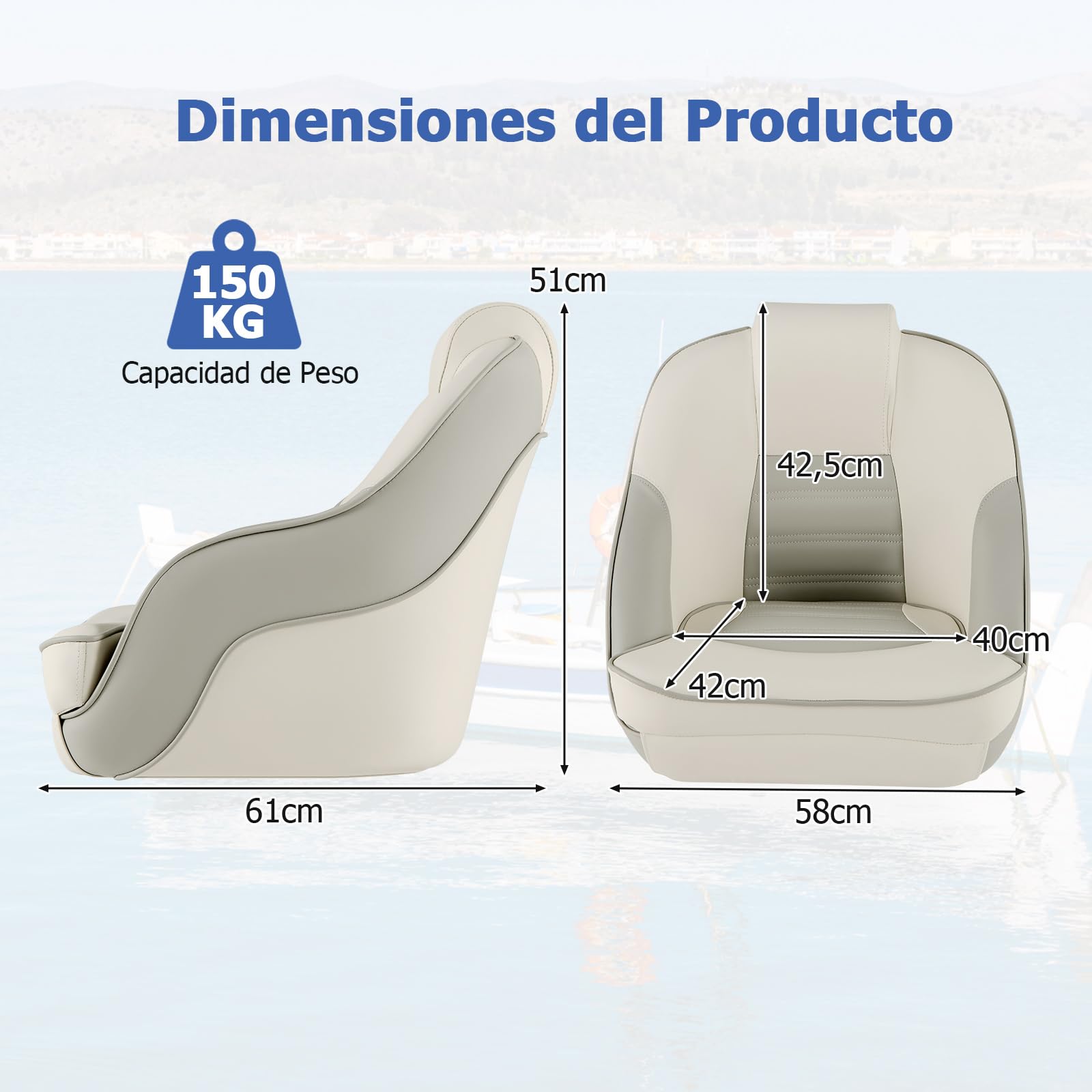 COSTWAY Asiento para Capitán, Asiento para Barco Pontón con Cuero de PVC Impermeable, Acolchado de Esponja Gruesa, Respaldo Alto de 42,5 Cm, Reposabrazos Curvo, Pernos