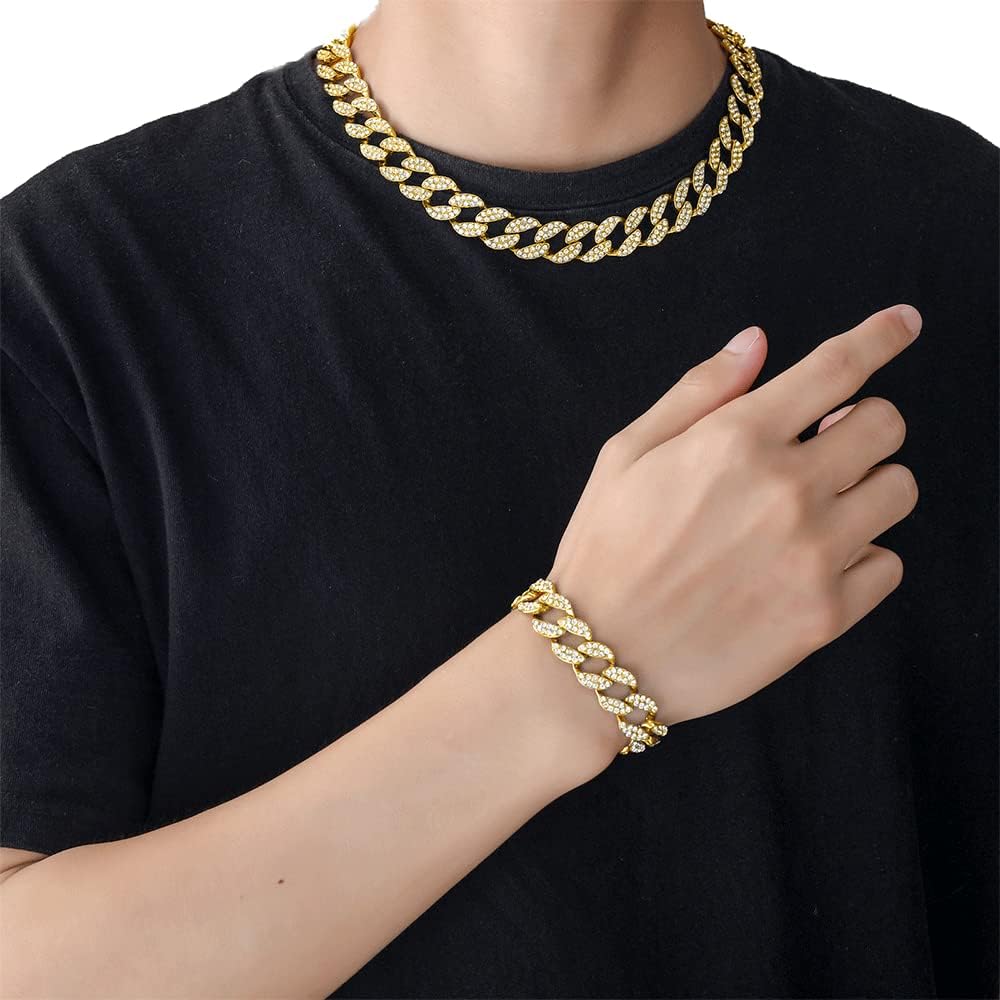 EMESLY Miami Cuban Link Chain 14K Gold Plated Necklace (16, 18, 20, 22, 24, 30 Inches Length); Hip Hop Bracelet (8" Length) for Men & Women; Perfect Iced Out Bling Jewelry Gift