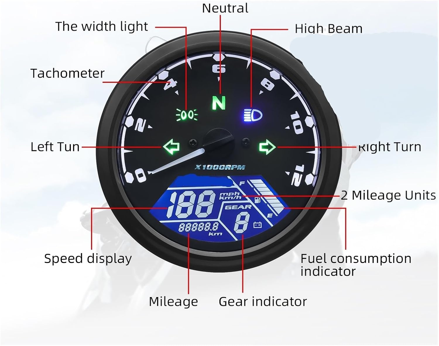 Motorcycle Speedometer Universal Motorcycle 12000RMP Tachometer Odometer Tachometer Gauge Motorcycle Digital Dash Panel Dual