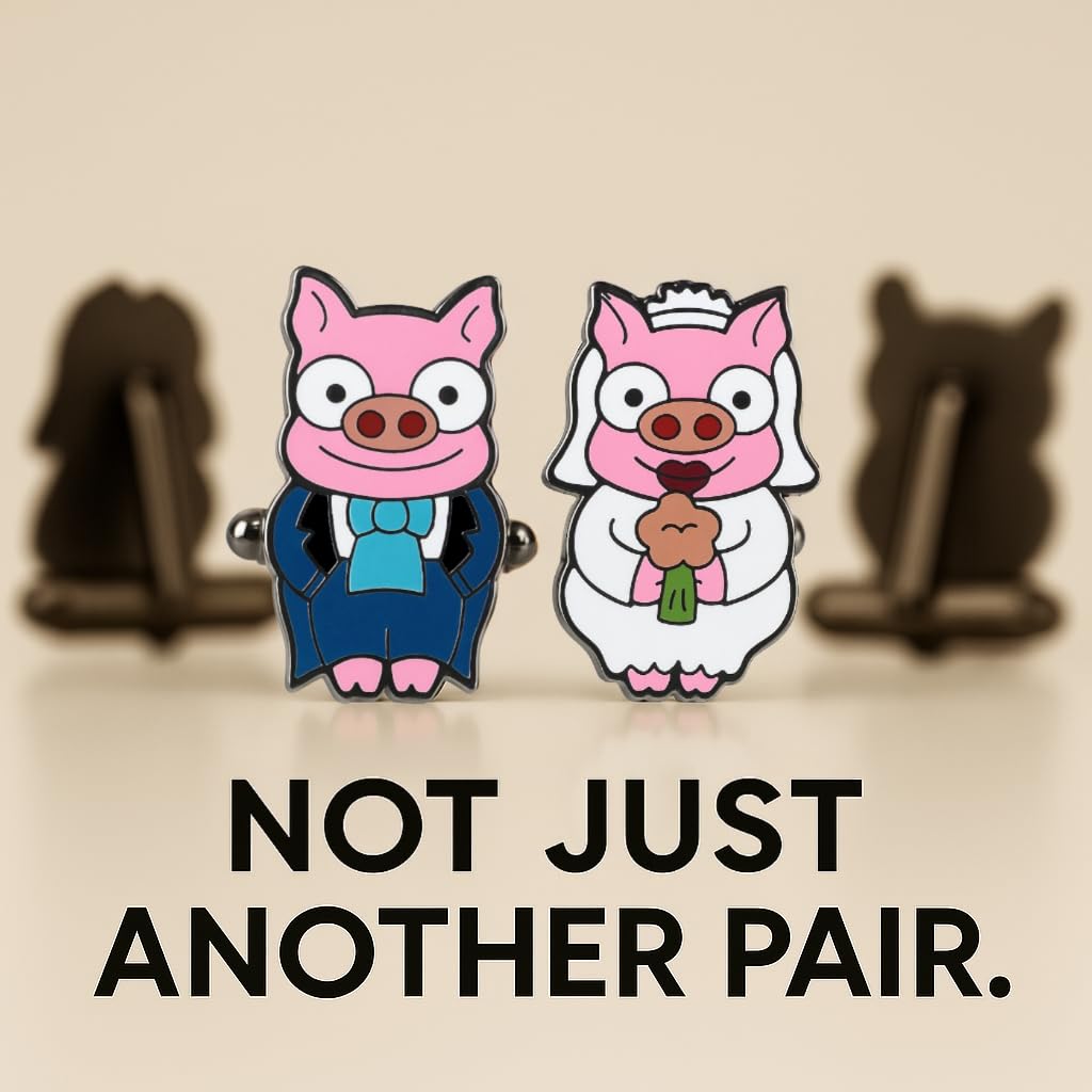 Gemelos de Cerditos Novio y Novia para Camisa Formal | Diseño divertido de pareja de cerdos para bodas, eventos formales, celebraciones, trajes y camisas elegantes
