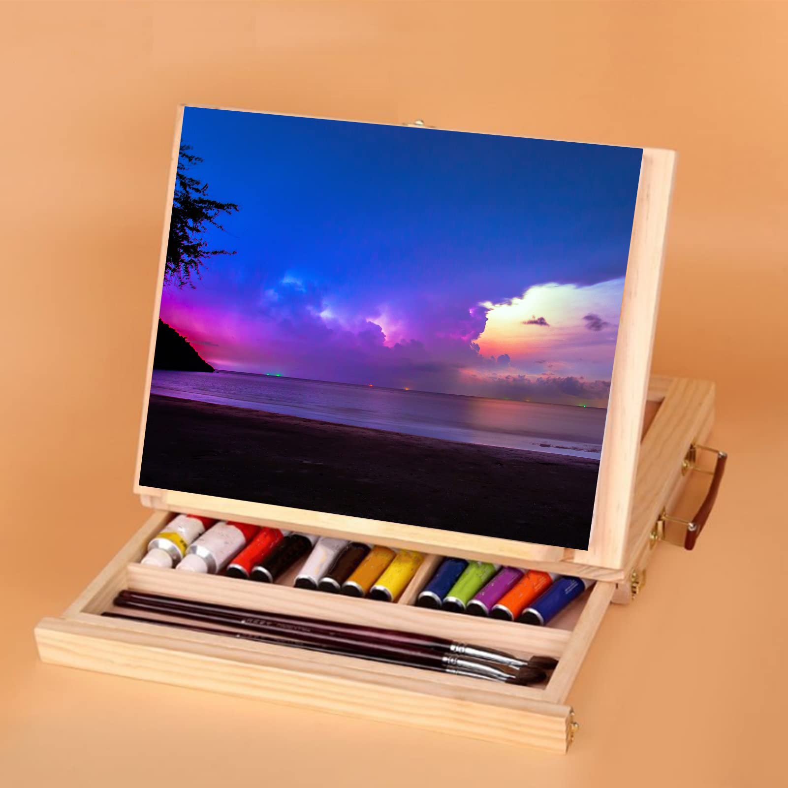 Sorandy Caballete de Mesa, Barra de Riel Ajustable, 4 ángulos, Plegable, Liviano, Resistente, Soporte de Exhibición de Madera de Pino con Cajón para Pinturas, Obras de Arte, Fotos,