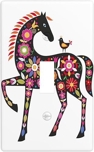 Folk Art - Cubierta decorativa para interruptor de luz de 1 banda, adornos de flores de pájaro de caballo, placa frontal eléctrica de una sola
