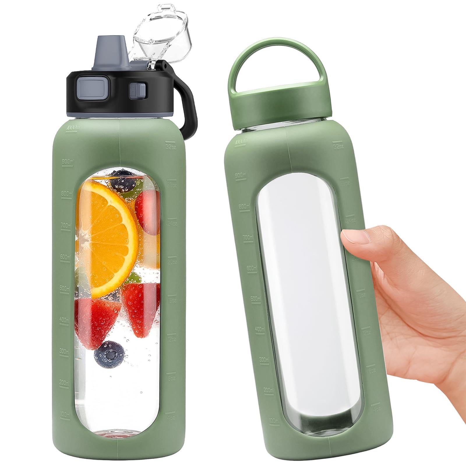 BLUEGO 900ml Glass Water Bottle, Olive