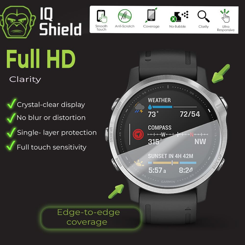 IQShield Lot de 6 films de protection d'écran pour Garmin Fenix 6S / 6S Pro/Fenix 6S Sapphire/Fenix 6S Pro Solar, facile à installer, anti-rayures, anti-bulles, film TPU transparent