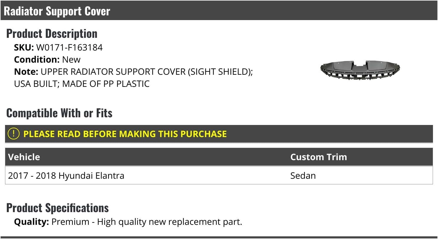 Upper Radiator Support Cover - Compatible with 2017-2018 Hyundai Elantra (USA Built)