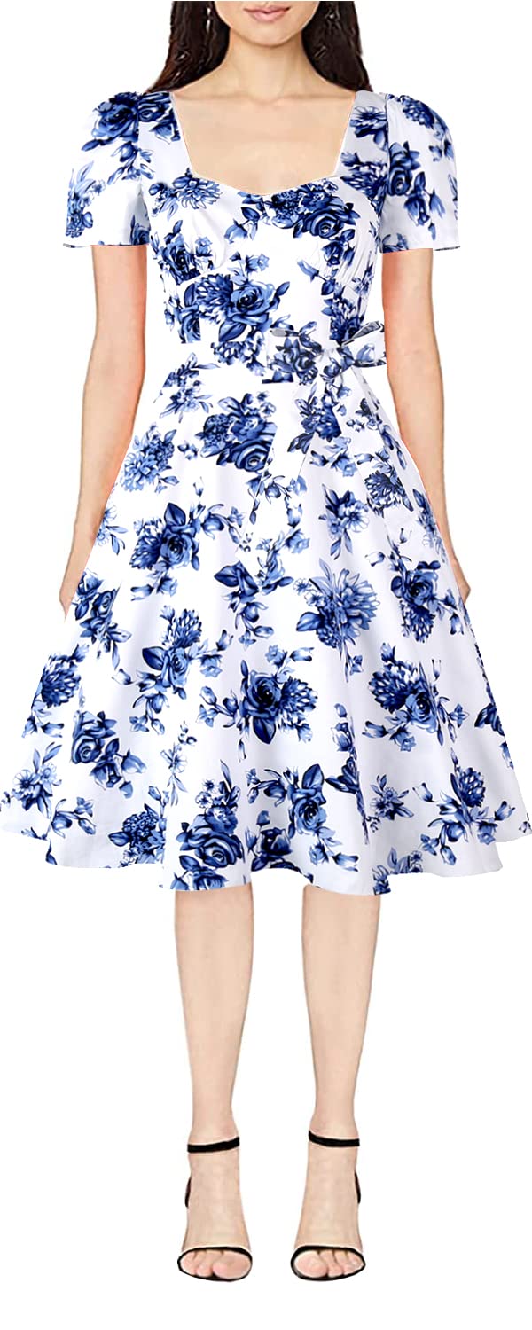 GOOBGS Women's 1950s Vintage Puff Sleeves Cocktail Rockabilly Swing Retro Dress with Pockets New