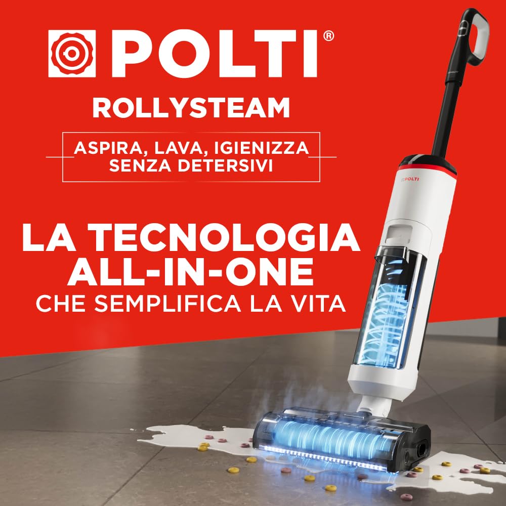 Polti Rollysteam WD50C Cordless, Lavapavimenti con Funzione Vapore e Aspirapolvere, 450 W, Pulizia Completa in un solo Passaggio, Senza Fili, Auto Pulizia, Bianco