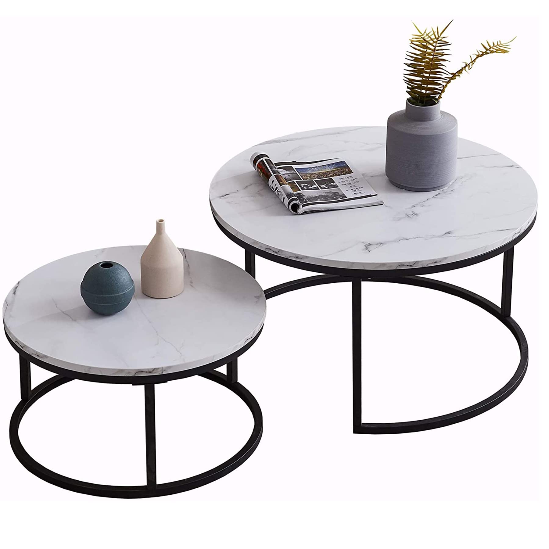 Lot de 2 Tables Basses Gigognes Blanc avec Cadre Doré ; Tables Basses Rondes Modernes pour Salon, Chambre, Balcon, Bureau. Grande: 80 * 80 * 45cm; Petite:60 * 60 * 35cm (Blanc+Noir)
