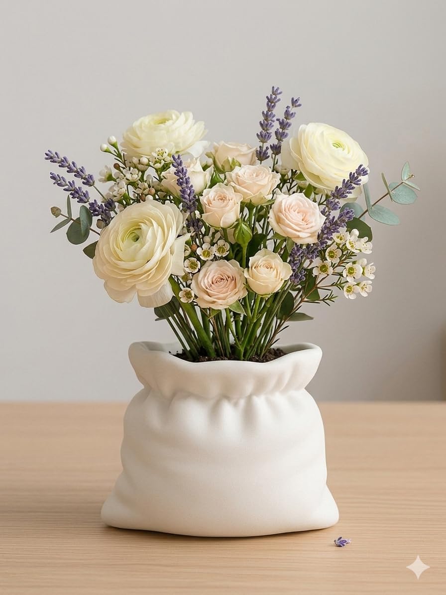 Sack Bag-Shaped Planter Vase, White, Sack Style, Multipurpose Desk Organiser and Coin Bag-image-40