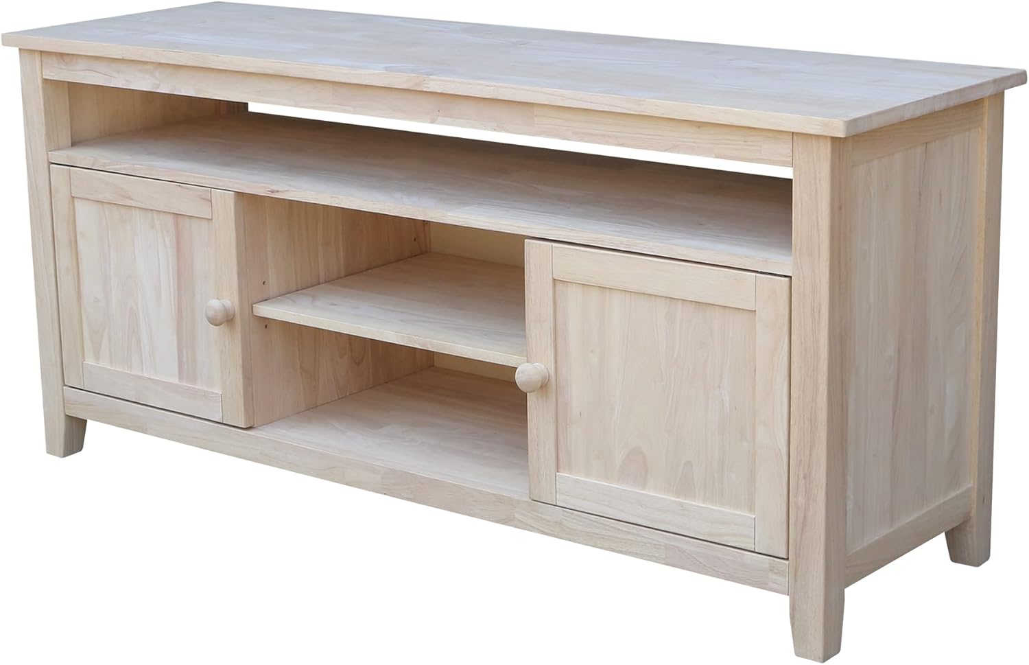 Entertainment TV Stand with 2 Doors Unfinished Solid Parawood 57"W x 18"D x 26"H, Paint or Stain in Any Color, Center Shelf 20.03''W x 15.24''D, Durable Wood Furniture, Living Room/Bedroom