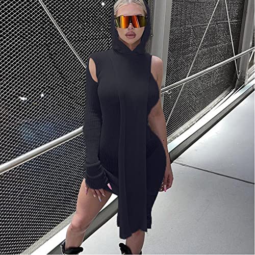 Vwiwv Women's Hooded See Through Bodycon Midi Dress Ribbed Knitted One Shoulder Asymmetric Dress Party Outfits Black #TOP1