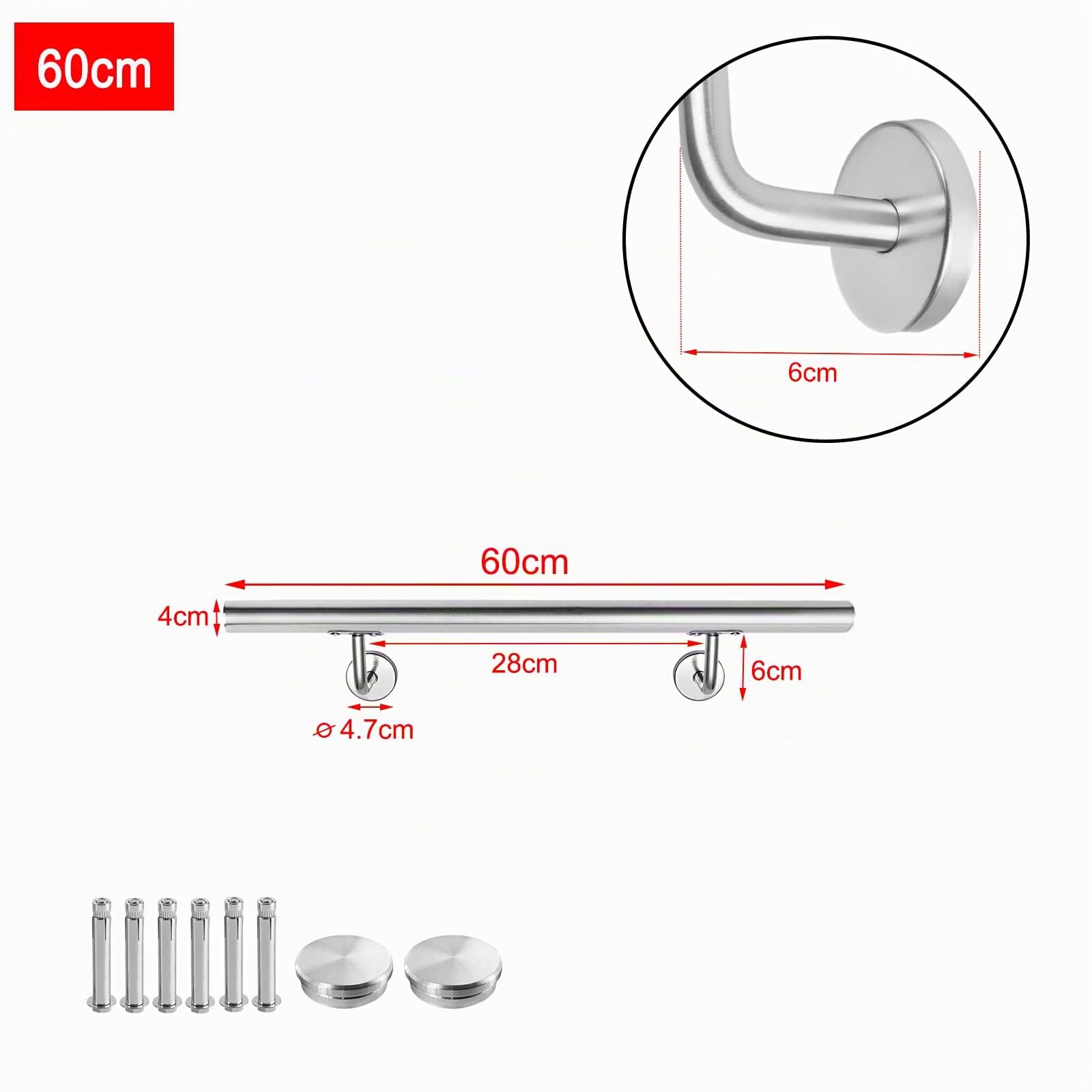 YRHome Corrimano in Acciaio Inox, 60 cm, Ringhiera per Scale, Ø 40 mm, da Parete, in Acciaio Inox Spazzolato, per Balcone, Seno, Scale Interne ed Esterne